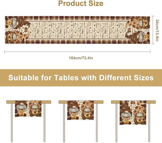 Coffee Time Table Runner, Farmhouse Retro Brown Plaid Gnomes Cafe Cup Theme - Image 5