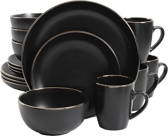 Gibson Home Rockaway 16-Piece Round Stoneware Dinnerware Set, Service for 4 – Black with Gold Rim Plates and Bowls, Microwave & Dishwasher Safe