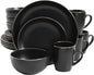 Gibson Home Rockaway 16-Piece Round Stoneware Dinnerware Set, Service for 4 – Black with Gold Rim Plates and Bowls, Microwave & Dishwasher Safe