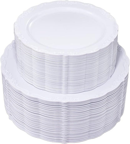 U-QE 100 Pieces White Plastic Plates - White Disposable Plates - Premium Hard Plastic Disposable Plates for Wedding and Party Use Including 50 Dinner Plates 10 '' & 50 Dessert Plates 7.5 ''