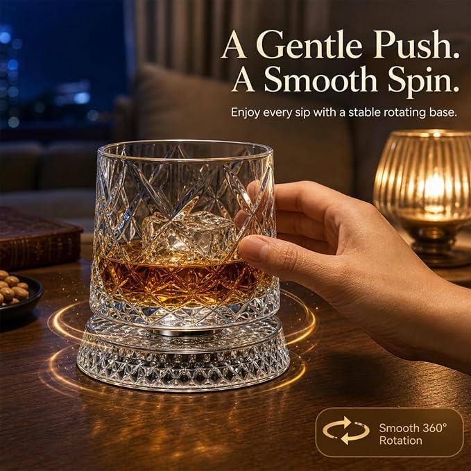 360° Rotating Whiskey Glasses Set of 2, Vintage Crystal Tumblers - Image 4