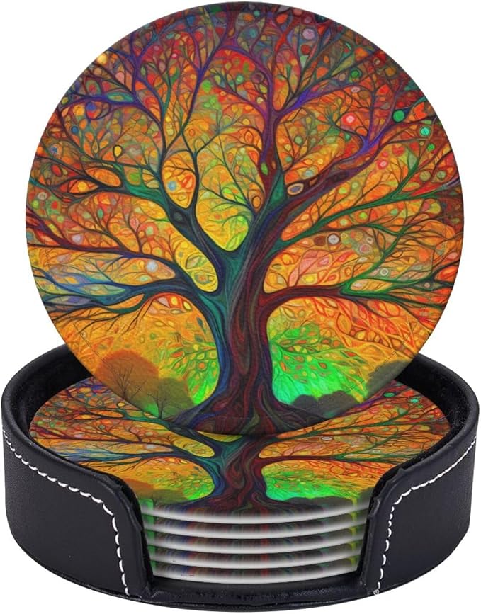 Tree of Life Colorful Leaves Leather Coasters Set of 6 - Image 2