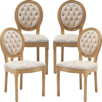 Vintage French Dining Chairs Set of 4, Round Back Velvet Upholstered Accent Chairs with Nailhead Trim and Solid Wood Frame, Elegant Sillas de Comedor for Dining Room & Kitchen, Beige
