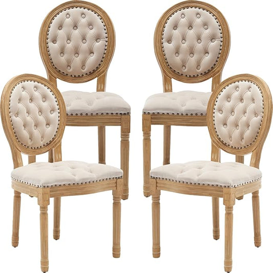 Vintage French Dining Chairs Set of 4, Round Back Velvet Upholstered Accent Chairs with Nailhead Trim and Solid Wood Frame, Elegant Sillas de Comedor for Dining Room & Kitchen, Beige