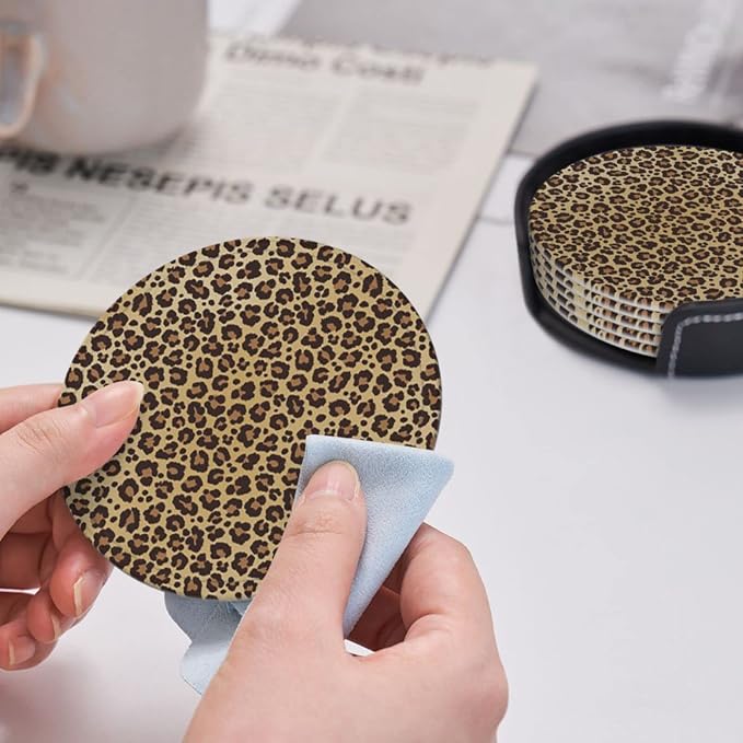 6 Pcs Animal Leopard Cheetah Print Brown Leather Coasters - Image 6