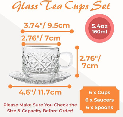 Atarvana 6 Pack Glass Tea Cups and Saucers Set - Image 2