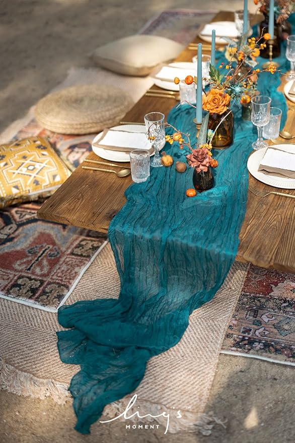 Ling's Moment Teal Blue Cheesecloth Table Runner, 168 Inch 14FT | Boho Gauze - Image 3