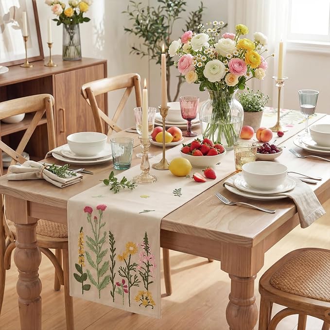 Artoid Mode Beige Soft Chain Embroidery Wild Floral Spring Table Runner - Image 6