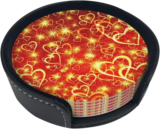 Drink Coasters with Holder Stand Set of 6, Love Heart Yellow Red Pu Leather - Image 6