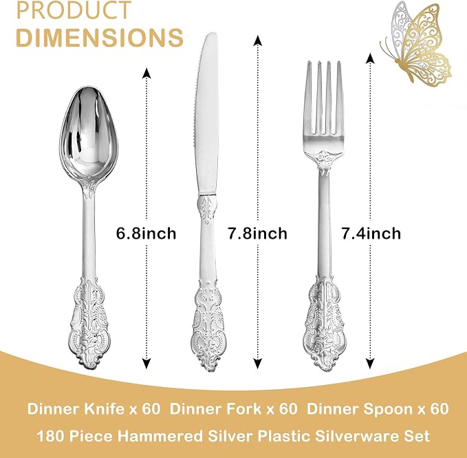 Silver Plastic Silverware Set Heavy Duty Vintage 120Guests Wedding | Embossed - Image 6