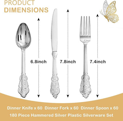 Silver Plastic Silverware Set Heavy Duty Vintage 120Guests Wedding | Embossed - Image 6