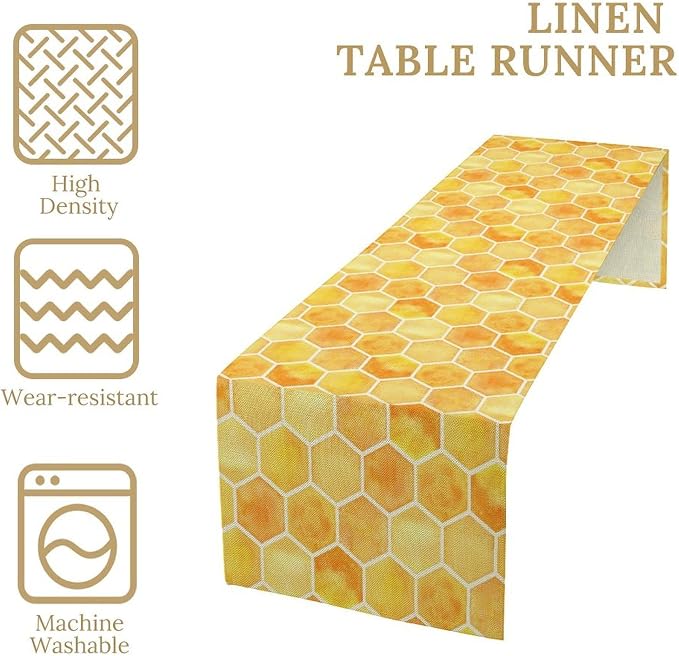 Honeycomb Bee Table Runner, Cute Abstract Geometric Yellow Honeycombs Print - Image 3