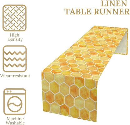 Honeycomb Bee Table Runner, Cute Abstract Geometric Yellow Honeycombs Print - Image 3