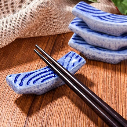 Porcelain Chopstick Holder Set of 4, 2.8" Wave Motif Spoon Fork Stands | - Image 3