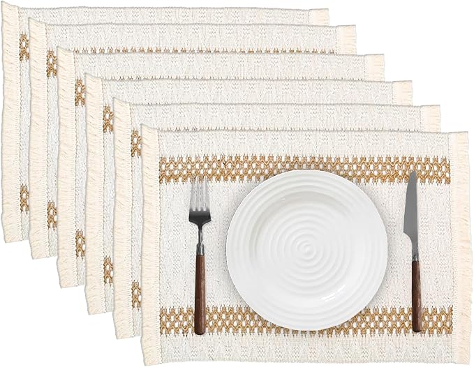 Boho Placemats Set of 6, 12x18 Inch Natural Cotton Burlap and Kitchen Woven by Niviy