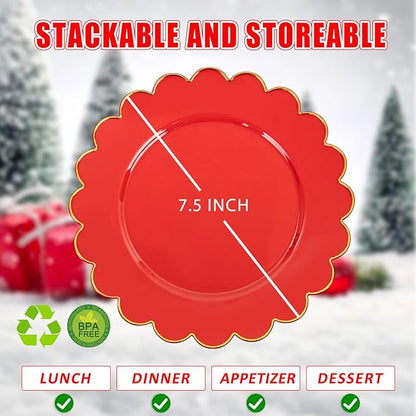 SUT 72Pcs Red Plastic Plates-7.5inch Dessert Plates with Gold Trim, Red Disposable Plates,Fancy plastic plate, Heavy Duty Plastic Plate for Wedding & Parties