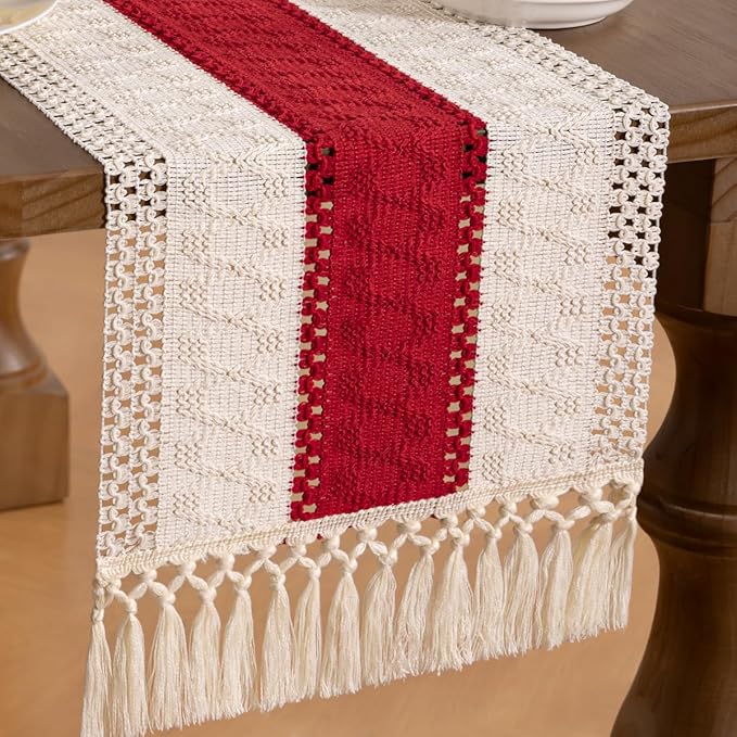 MLMW Boho Ivory Red Table Runner Farmhouse Burlap Small Table Runner Dresser by MLMW