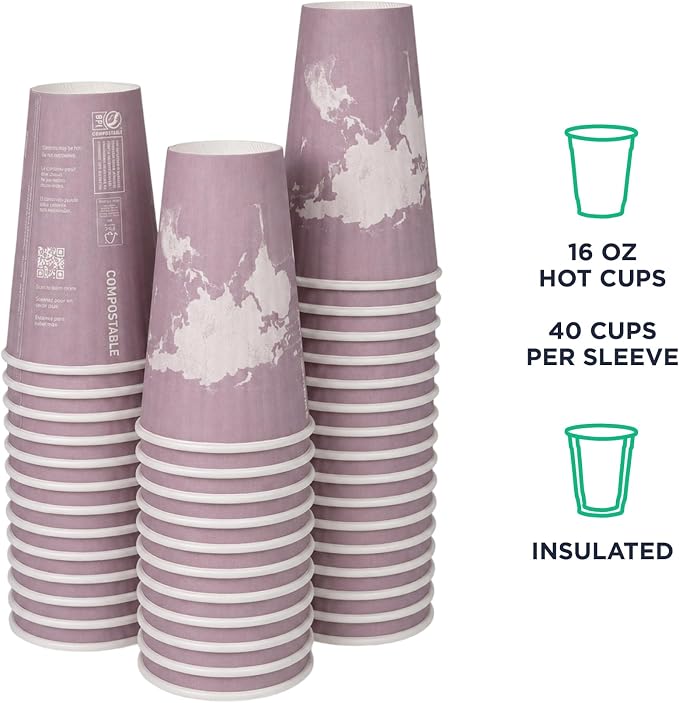 ECO PRODUCTS Compostable Disposable Insulated World Art 16oz Large Coffee Cups - Image 5
