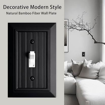 Beadboard Outlet Covers Wall Plates, Bamboo Fiber Light Switch Covers, Natural Material Electric Receptacle Decorative Switch Plate Outlet Cover Matte Black (1 Gang Toggle 4 Pack)