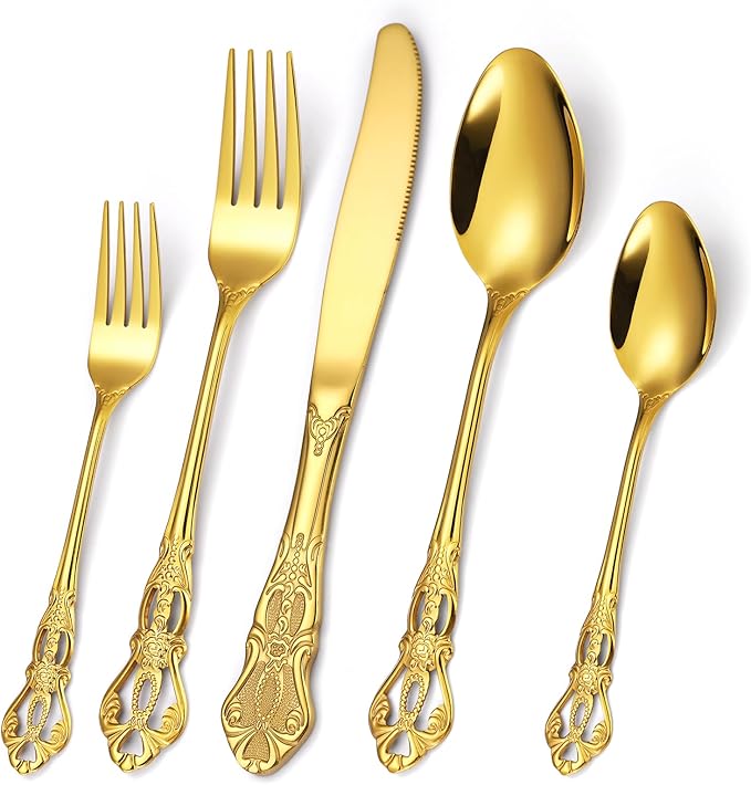 20 Pieces Gold Gorgeous Retro Silverware Set by MetalServingUtensils