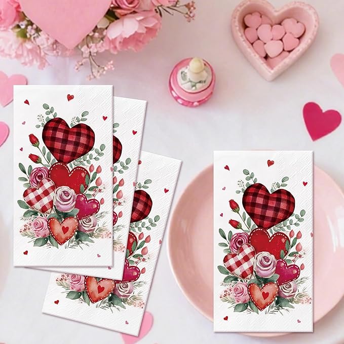 Valentine' s Day Paper Napkins - 100 Pcs Red Checkered Heart Rose Decorative Napkin Sets Disposable, Gingham Dinner Guest Party Decorations Supplies for Holiday Engagement Wedding 7.9 x 4.3 In