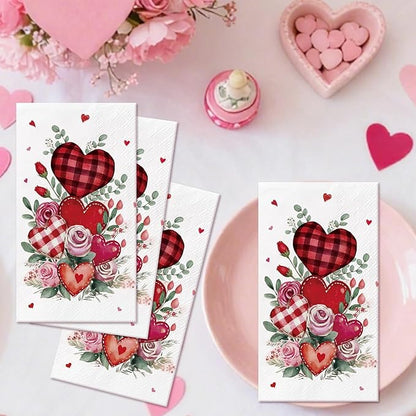 Valentine' s Day Paper Napkins - 100 Pcs Red Checkered Heart Rose Decorative Napkin Sets Disposable, Gingham Dinner Guest Party Decorations Supplies for Holiday Engagement Wedding 7.9 x 4.3 In