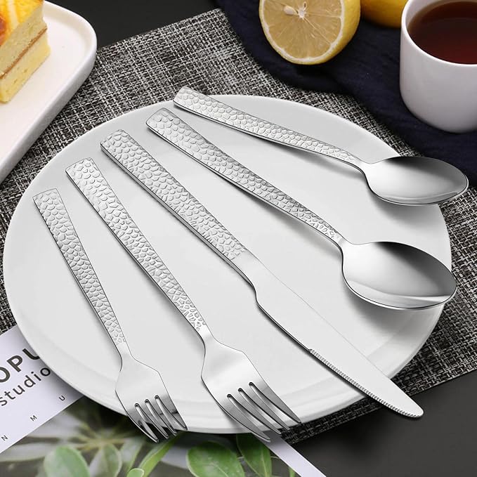 E-far 80-Piece Hammered Silverware Set, Stainless Steel Square Flatware Set - Image 4
