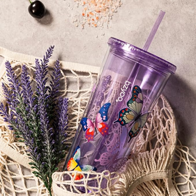 bzyoo 24oz Plastic Tumbler Cup, Lid & Straw, Iced Coffee, dishwasher safe - Image 3