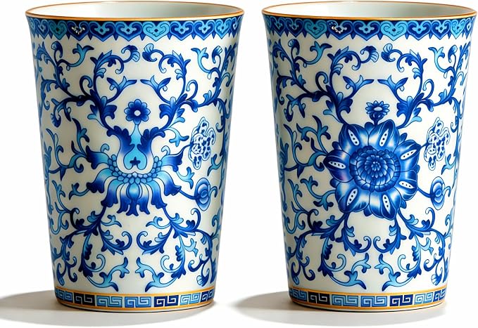 Blue and White Porcelain Coffee Cups, 9 oz Floral Tea Cups Set of 2 | No Handles by HOHCNA