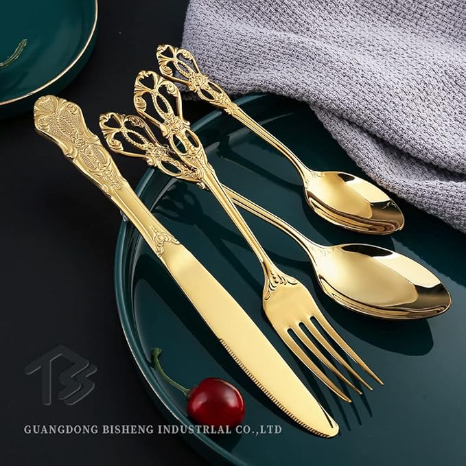 Gold Silverware Set for 6 Stainless Steel Flatware Set Palace Style Hollow Relief Decoration 24 Piece Cutlery Utensils Include Knives Forks and Spoons Tableware Set for Home Kitchen Restaurant Party