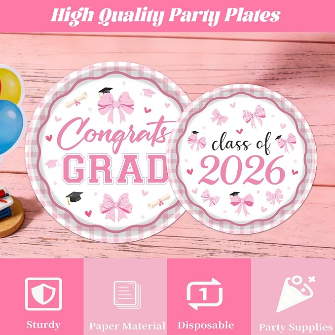 Rakuto Pink Graduation Decorations 2026, 2026 Graduation Pink Bow Themed Forks - Image 4
