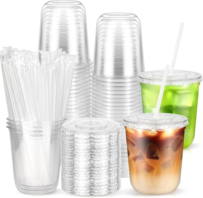 25 Pack 12 oz Clear Cups with Lids and Straws, Plastic Coffee Drink Cups | by Etersky