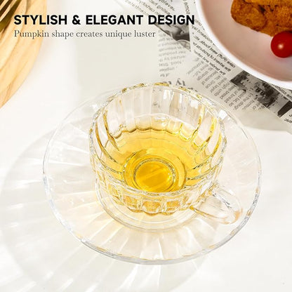 Glass Tea Cups and Saucers Set of 6, Dishwasher & Microwave Safe Teacups - Image 2
