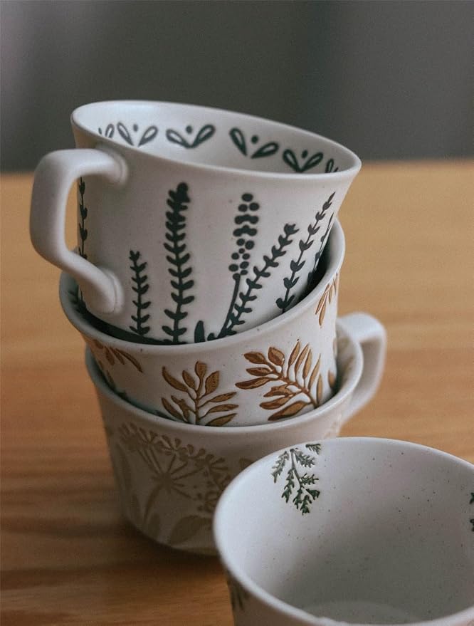 4 Pack 12oz Speckled Stoneware Coffee Mugs, Vintage Black Seaweed Botanical - Image 6