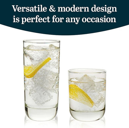 Libbey Drinking Glasses Polaris Tumbler and Rocks Set of 16, Clear, Sturdy Drinkware Glasses Set, Kitchen Glassware for Cocktails, Soda, and More