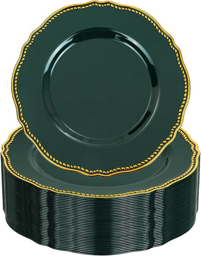 Hioasis 60pcs Green Plastic Plates - Green and Gold Disposable Dinnerware with Gold Rim, Heavy-duty, 7.5 inch, Dessert Plates for Party & St. Patrick's Day