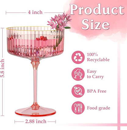12 PCS Ribbed Coupe Glasses Pink Plastic Champagne Coupe Cup 10oz Detachable Gold Rim Espresso Martini Glass Vintage Margarita Glassware Cocktail Glass for Wedding Bachelorette Party