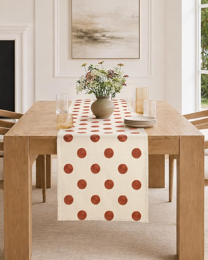 Embroidered Canvas 13"x 72" Narrow Table Runner, Dots | Exquisite Embroidery - Image 5