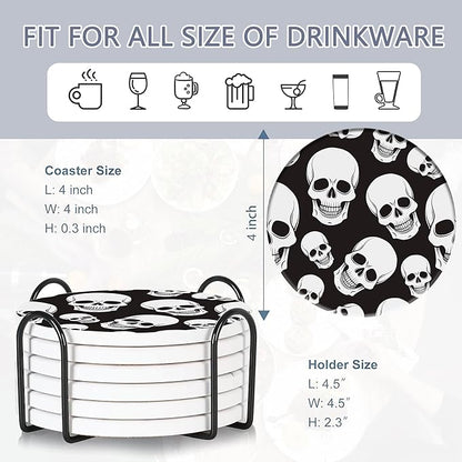 Coaster for Drinks Set of 6, Skeleton Skull Absorbing Round Ceramic Stone Coaster with Cork Base,Tabletop Protection Mat for Mugs and Cups,Coffee Table Wine Glass Home Bar 4 Inch