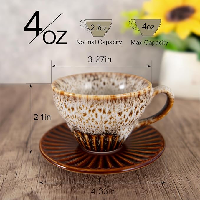 4 oz Espresso Cups and Saucers Set of 2, Ceramic Tea Cup - Image 2