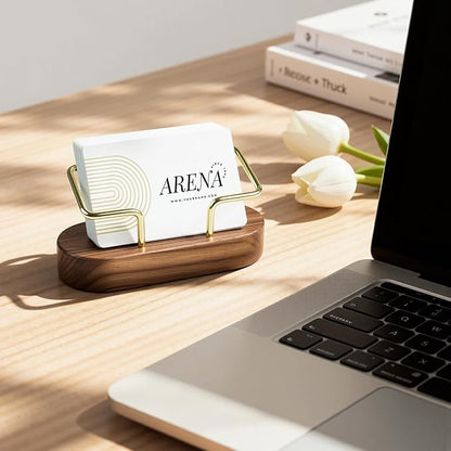 Business Card Holder for Desk, Minimalist Wooden Desk Organizer with Brass Metal Frame, Stylish Office & Home Decor for Professional Card Display(Walnut Oval)