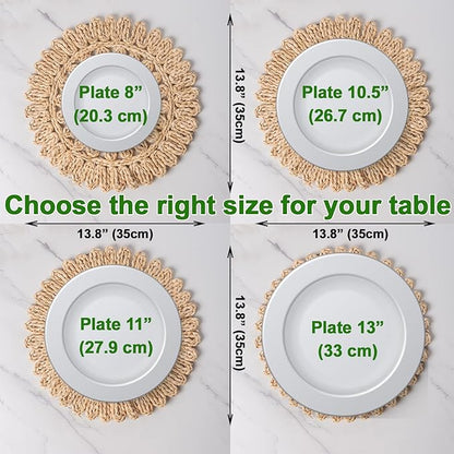 13.8" Set of 4 Round Corn Husk Placemats | Boho Woven Rattan Table Mats | Farmhouse Wicker Spring Plate Chargers Like Water Hyacinth, Seagrass for Wedding, Party, Christmas, Events