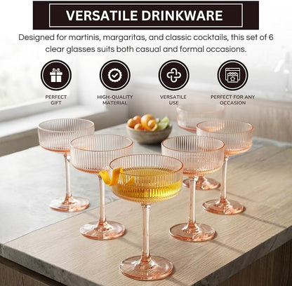 Khen Pink Peach Acrylic Ribbed Coupe Martini Champagne Cocktail Glasses - Image 4
