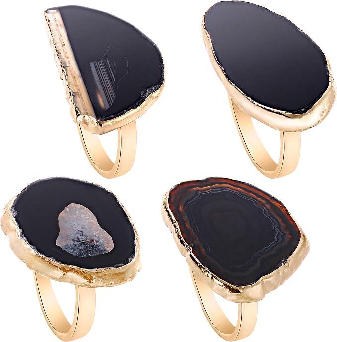 Gold Napkin Rings Set of 4, Natural Agate Slice | Dinner Table Decor by Kindoodos