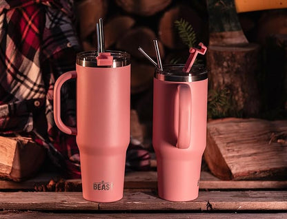 Beast 42 oz Tumbler with Handle Stainless Steel Vacuum Insulated Coffee Ice Cup Double Wall Travel Flask (Blossom Pink)