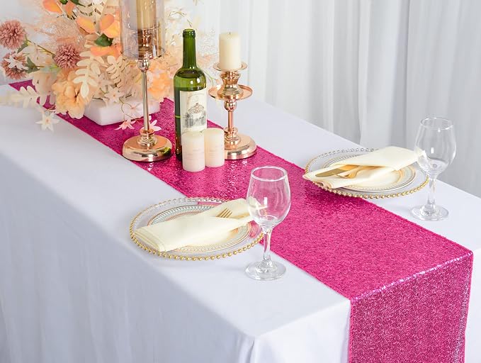 ShinyBeauty Sequin Table Runner Hot Pink 12x72 Inch Sparkly Metallic Runners - Image 2
