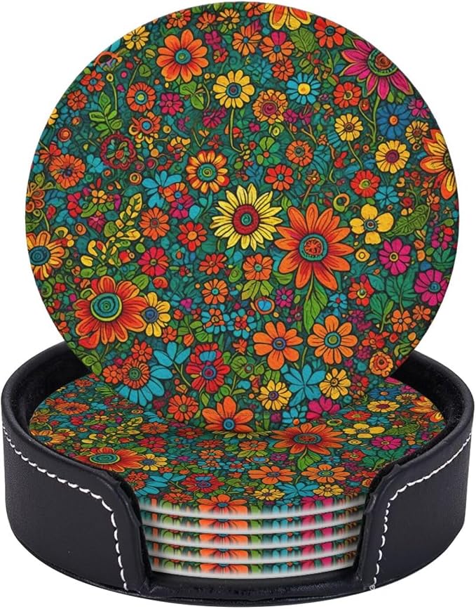 Drink Coasters with Holder Stand Set of 6, Colorful Flower Floral Print Pu by Unknown