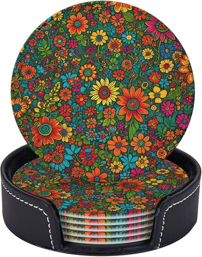 Drink Coasters with Holder Stand Set of 6, Colorful Flower Floral Print Pu by Unknown