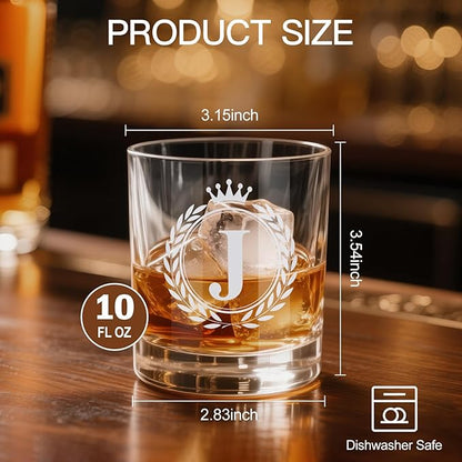 Whiskey Glasses - Rocks Old Fashioned Glass Gifts for Men, Monogrammed A-Z 10oz Personalized Whisky Glasses, Christmas Birthday Gifts for Men Him Dad Father Husband Brother Son (J)