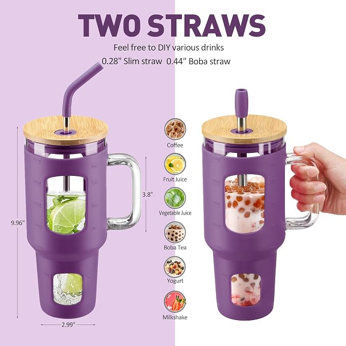 WINSA Glass Tumbler with Straw and Lid, Dark Purple, 40 oz | Iced Coffee Cup - Image 4